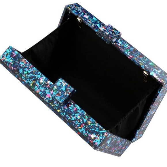 Abstract Blue Confetti Hard Case Clutch Bag Small Box Purse Chain Multicolor New - Picture 2 of 9